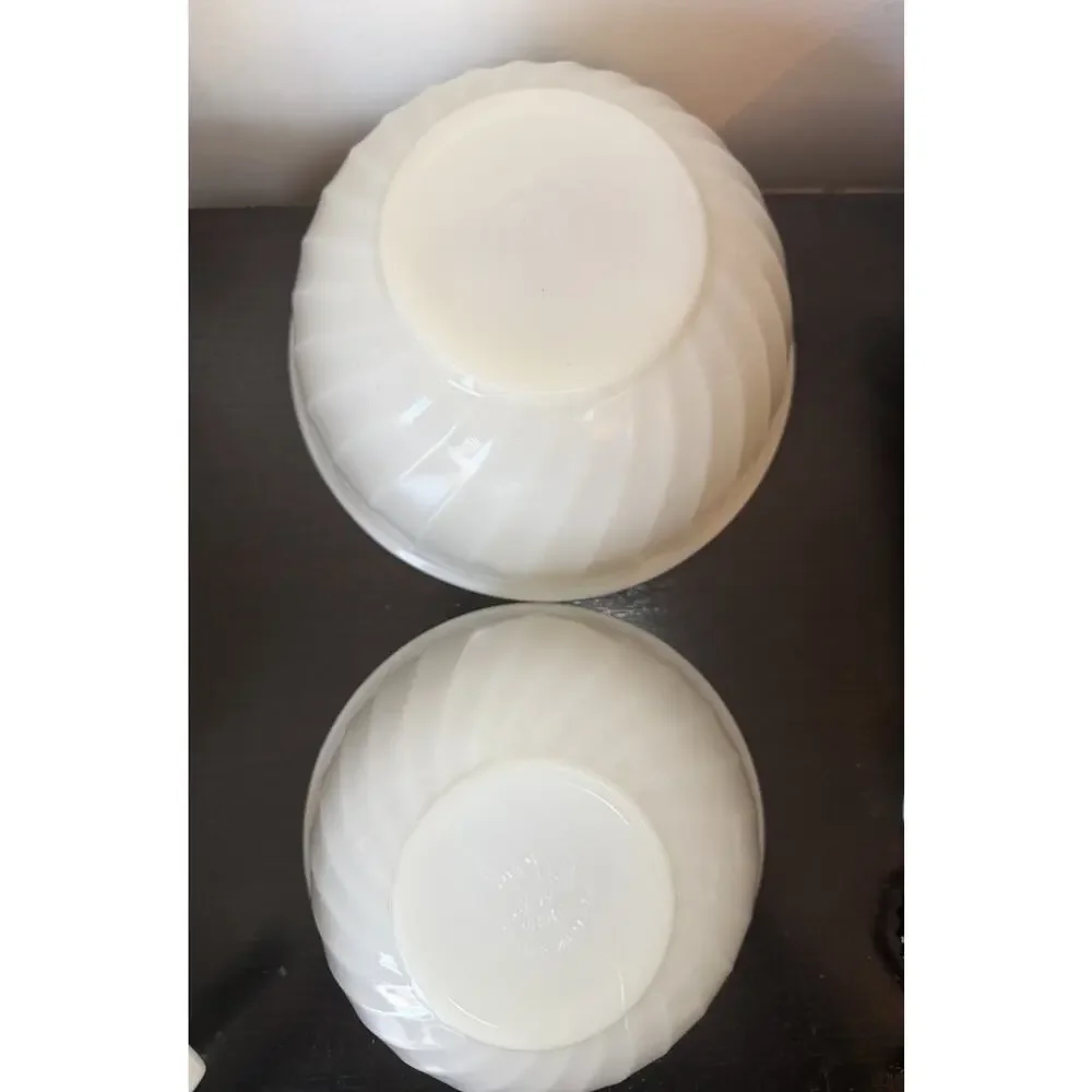 2 Vintage 1950's Anchor Hocking Fire King White Milk Glass Swirl Mixing Bowls